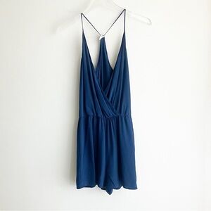 Rory Beca Small Silk Romper Sleeveless Blue Wrap Deep V Neck Racerback Shorts